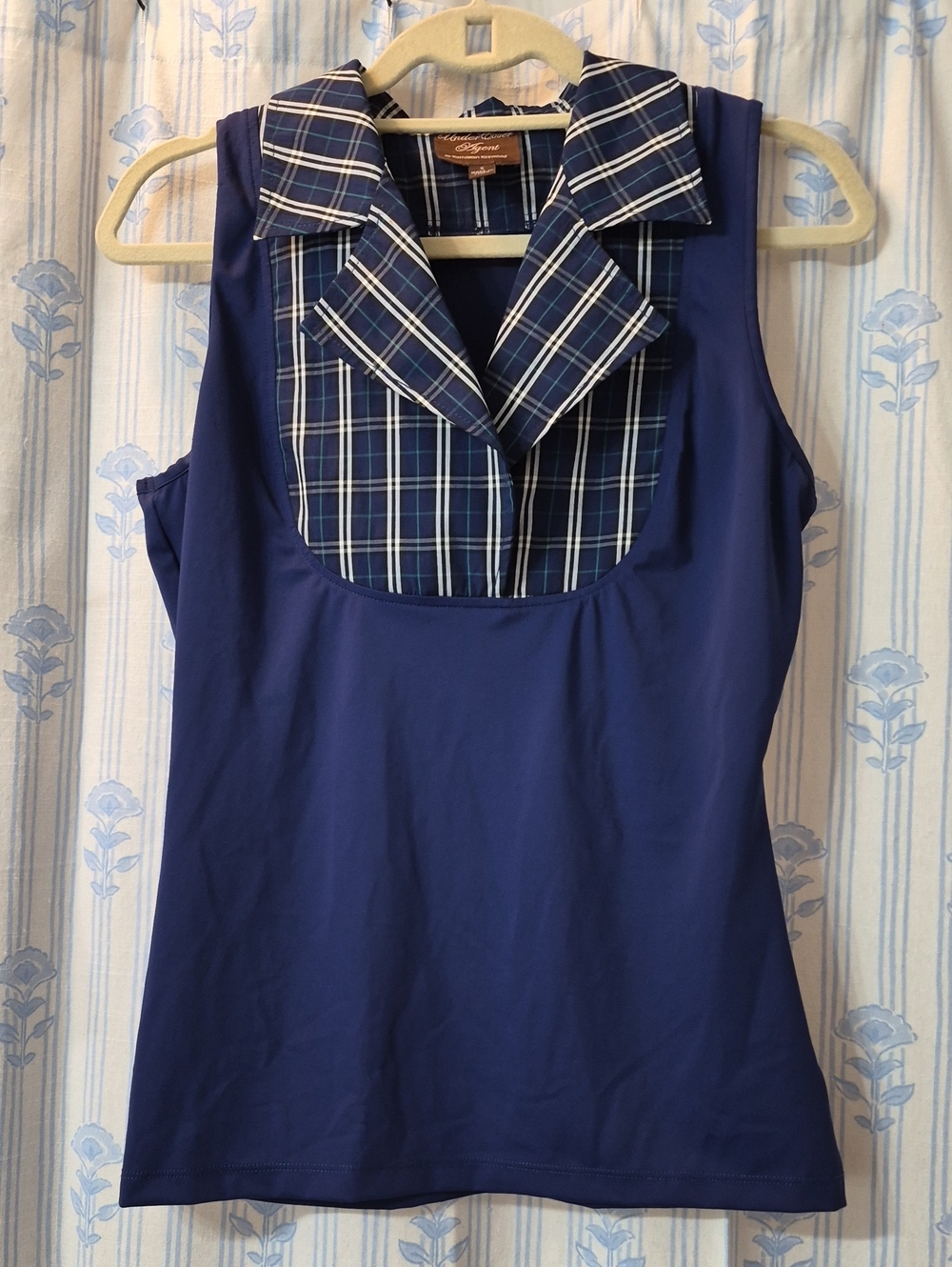 Kathleen Kirkwood Dictrac-Ease 2fer Navy Plaid Collared Sleeveless Top Sz S